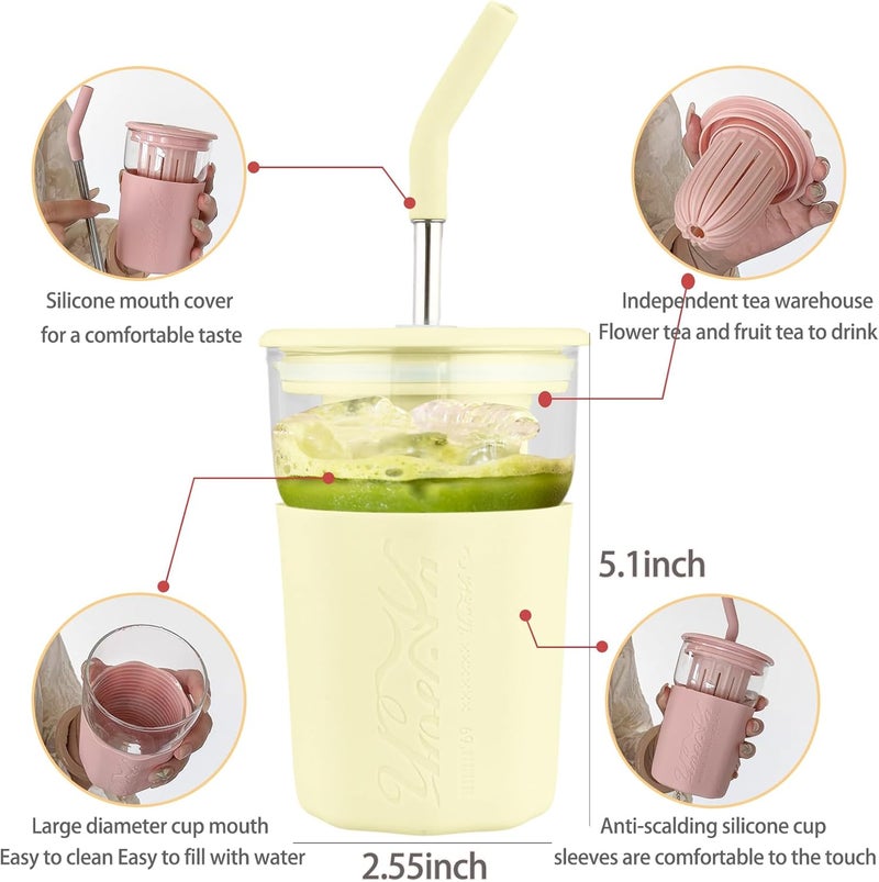 wangsdjy 15oz Glass Tumbler With Straw and Lid - Iced Coffee Cup, Smoothie Cup with Silicone Sleeve and Tea Strainer, Glass Tumbler for Smoothies, Flower tea, Coffee, Juices (Yellow) - Image 1